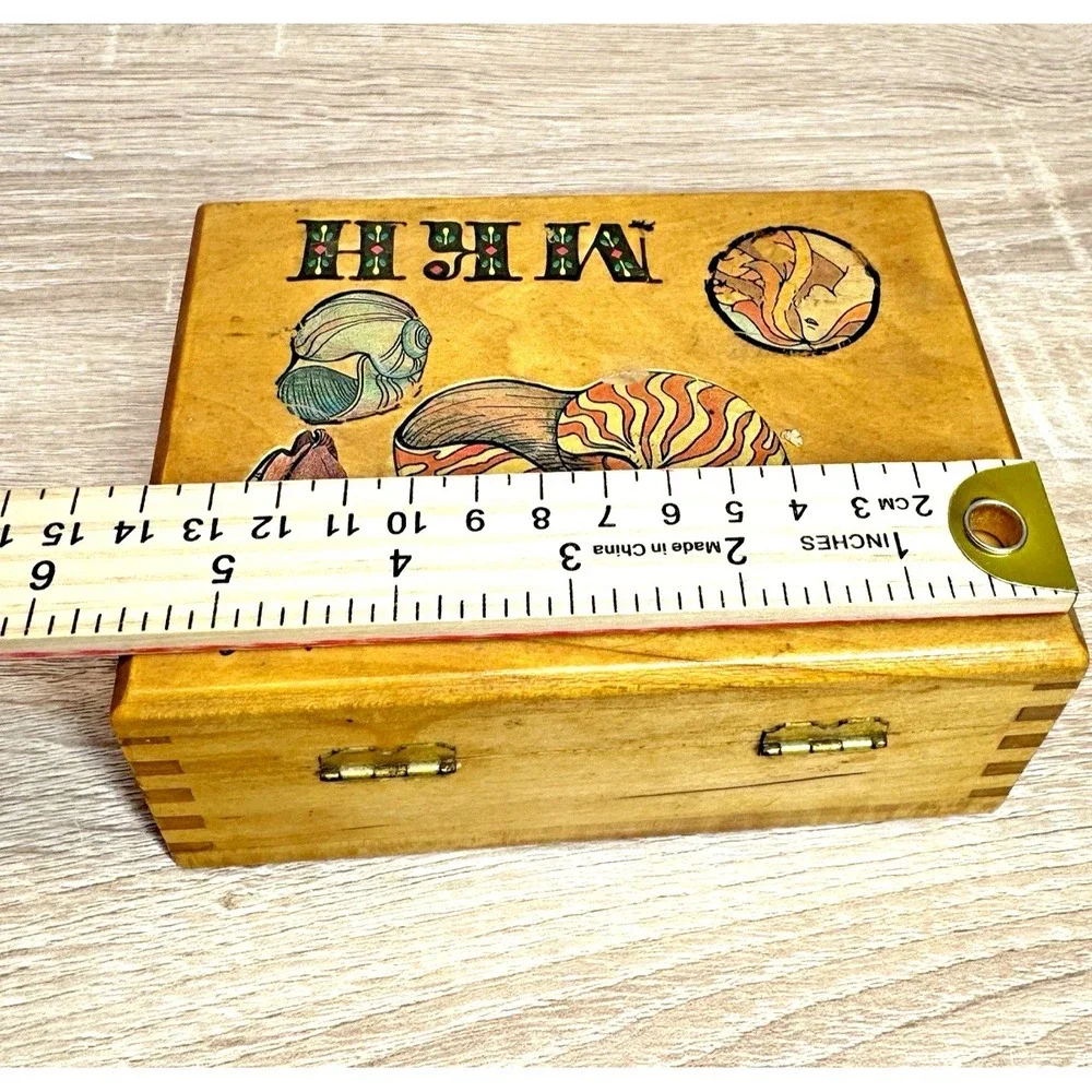 Vintage Wood Jewelry Box Nautilus Shell Hinged Trinket Coastal Sea Life Décor‎